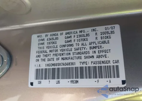 2007 Honda Accord 3.0 Ex from USA, damaged, VIN 1HGCM665X7A048361